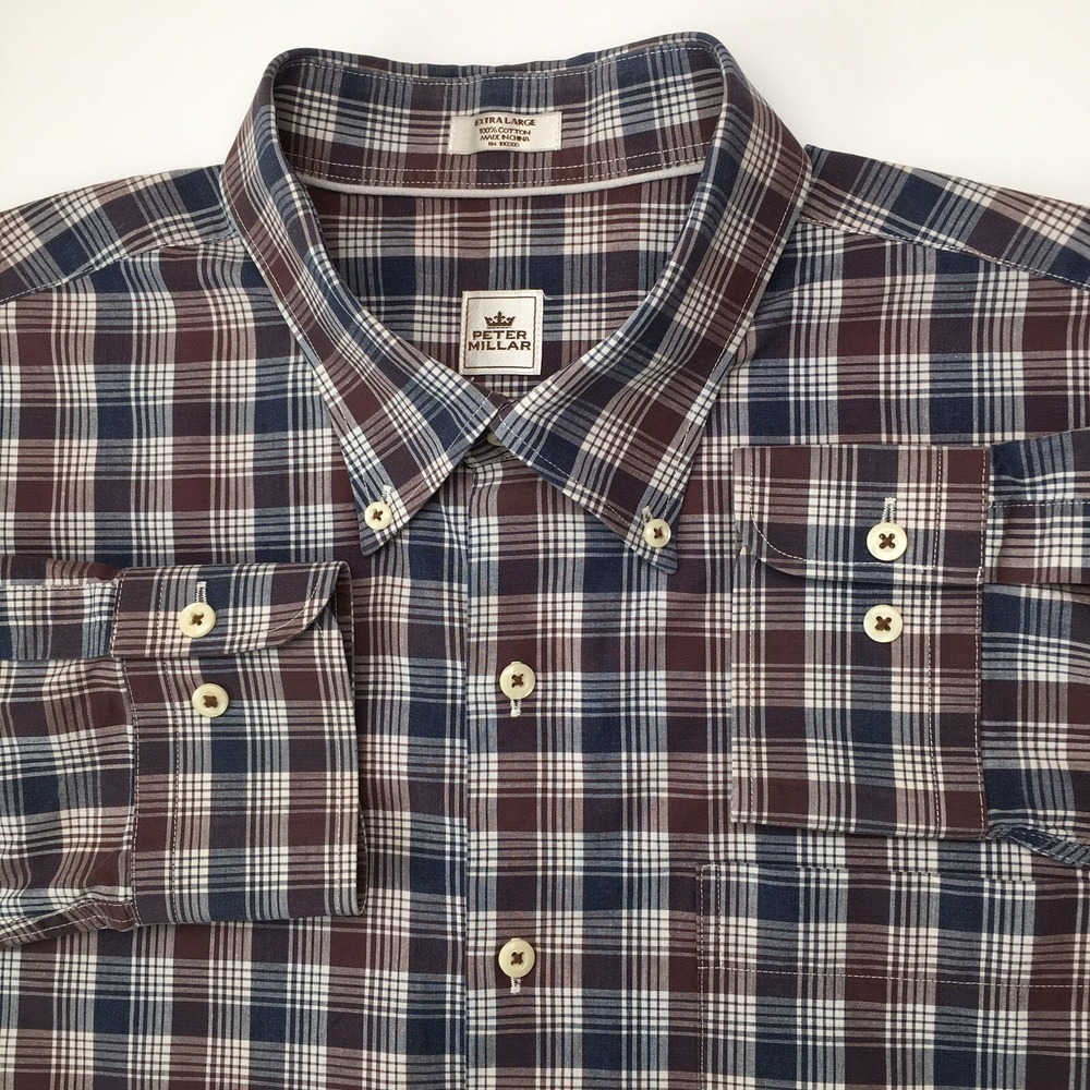 Peter Millar Crown Shirt Mens XL Dark Blue Plaid Button‎ Up Long Sleeve